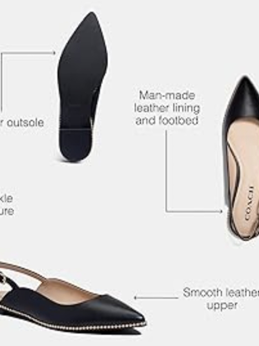 Coach Vae Leather Pointed Toe Slingback Flats in Black - Picture 3 of 7